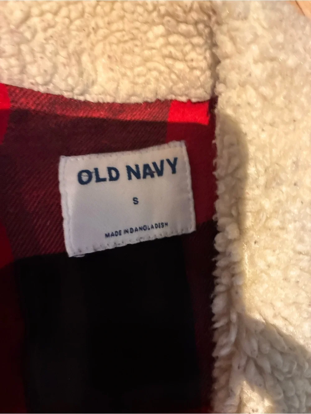 Old Navy Blue Denim Jacket with Cream Sherpa Collar and Red Plaid Lining